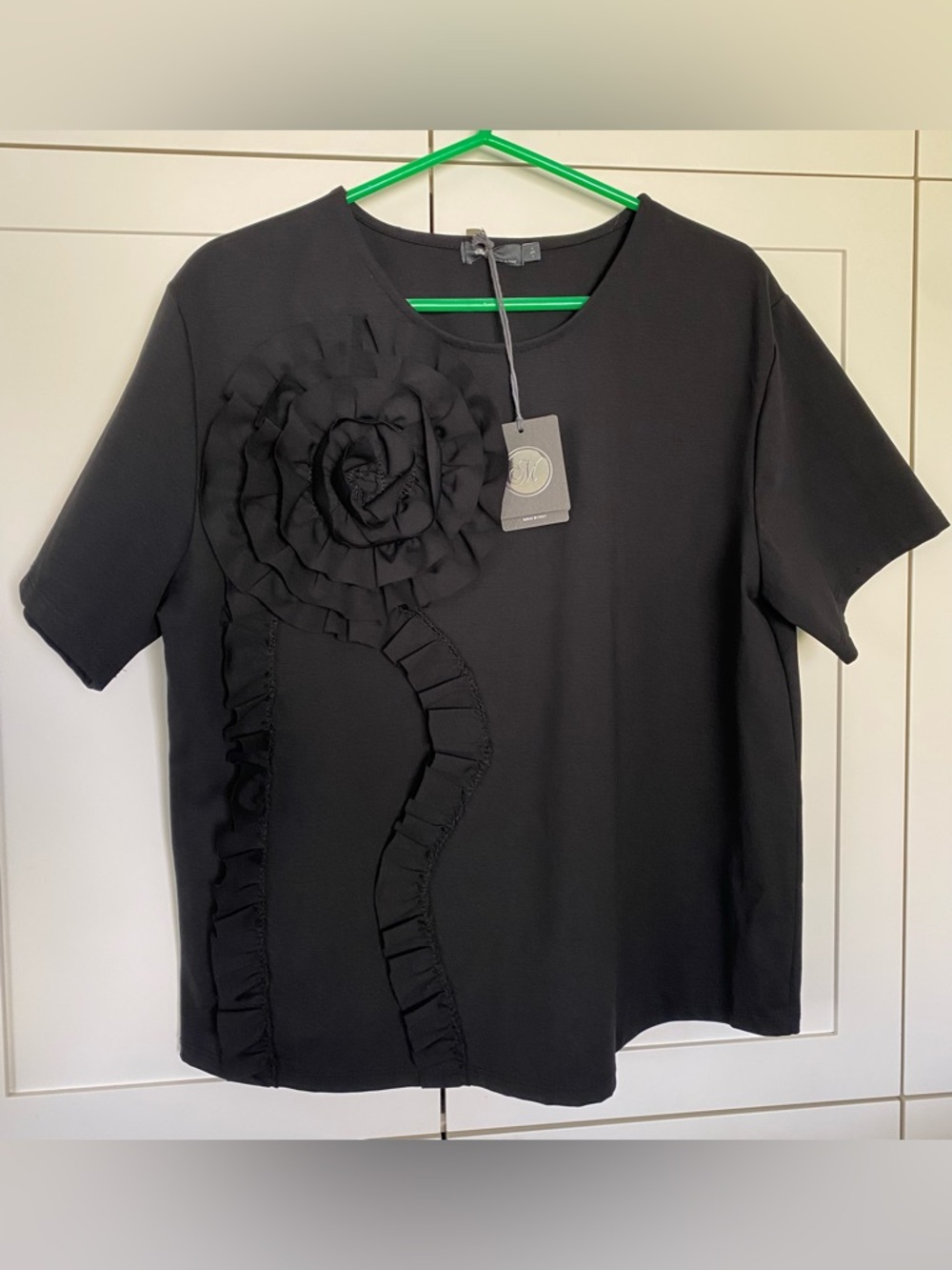 Black Cotton Mix Blouse with Flower Detail.  Made in Italy.